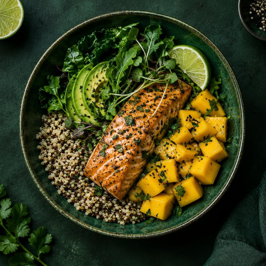 Bowl com salmão, quinoa, manga e folhas