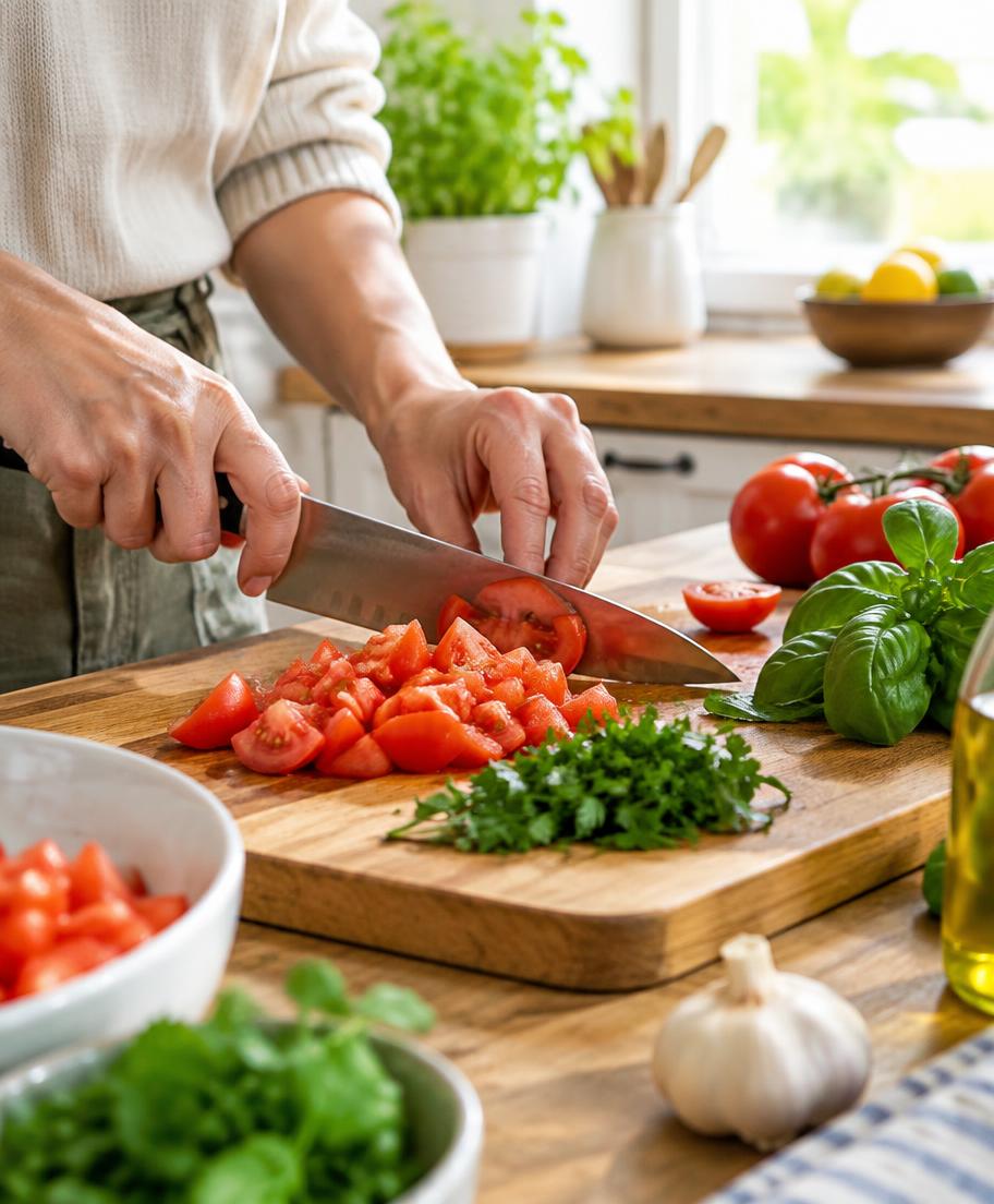 Mãos cortando tomates frescos em uma cozinha
