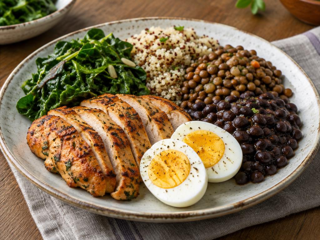 Prato com frango, ovos e grãos